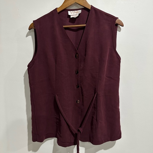 V.I. PETITES Vintage Maroon Suede Sleeveless Button Down Tie Back Top Size 12 - Picture 2 of 5